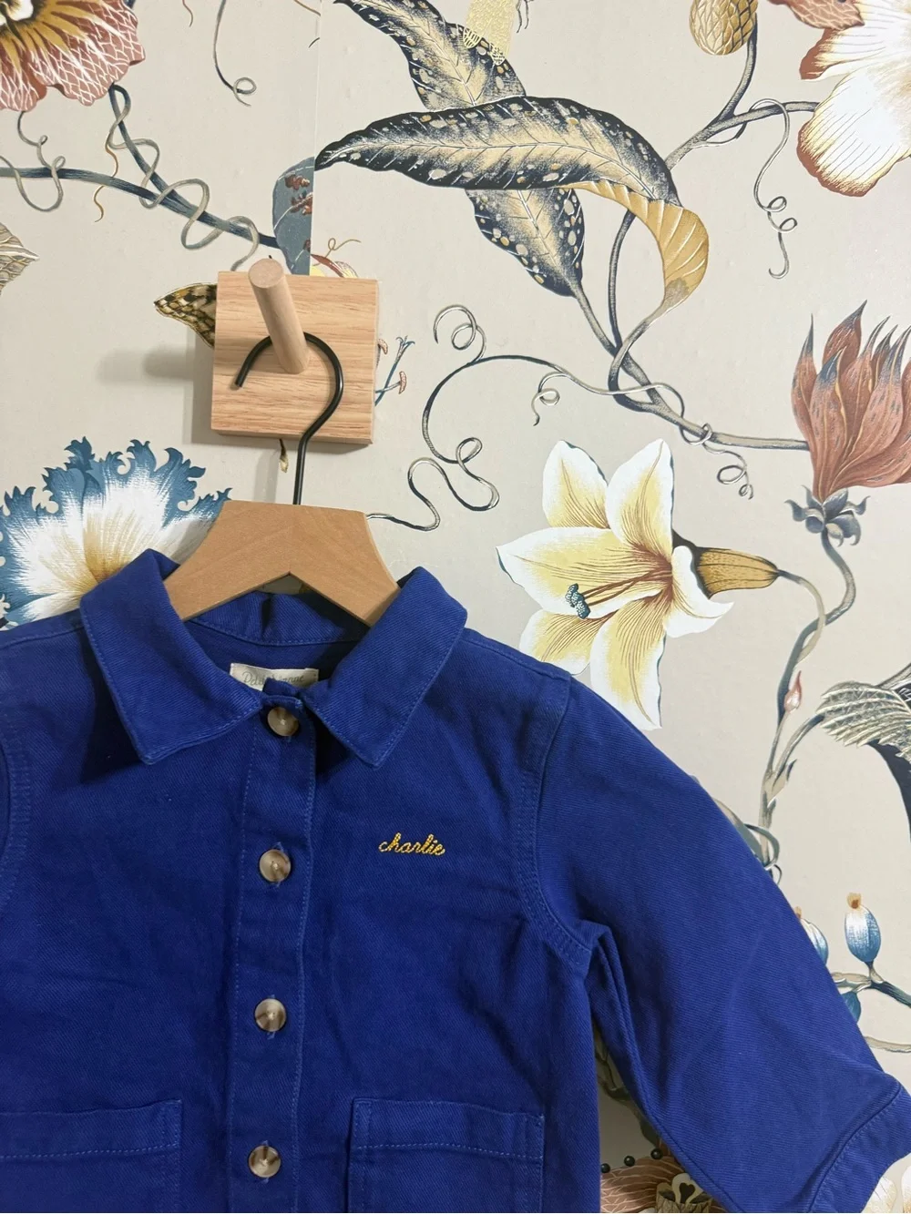 Sezane Royal Blue Button-Front Kids Jacket Charlie Name embroidered